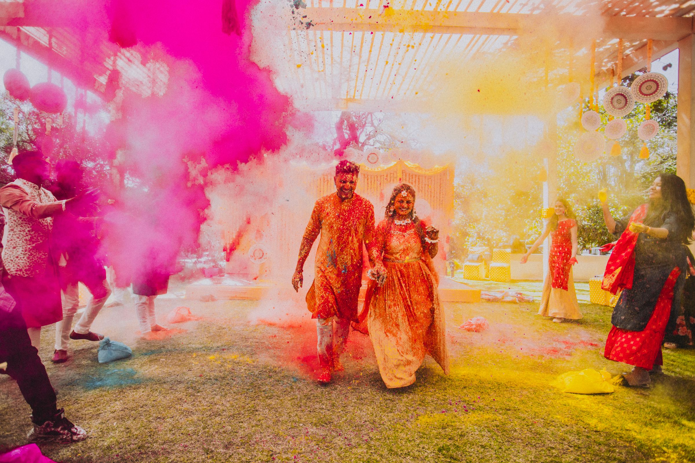 Vibrant haldi ceremony with turmeric and flowers